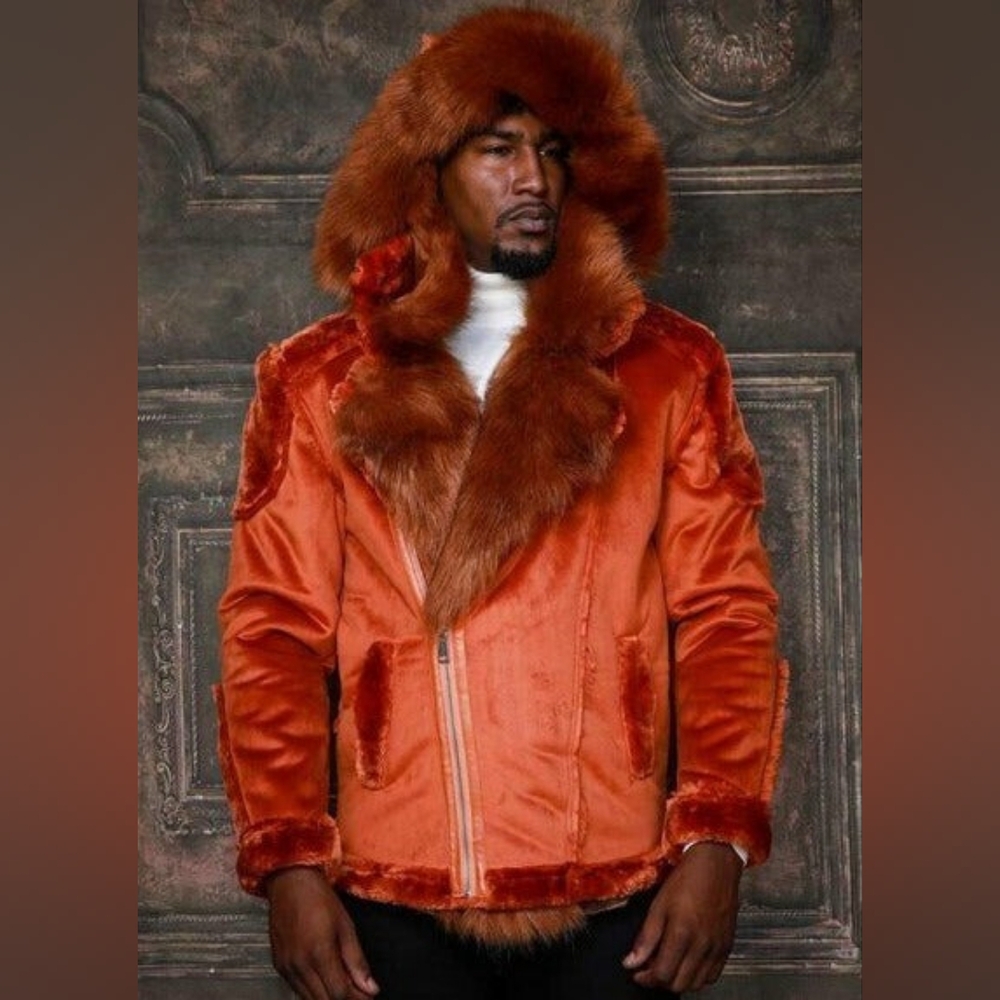 Men's Fashion Rust Burn Faux Fur Coat